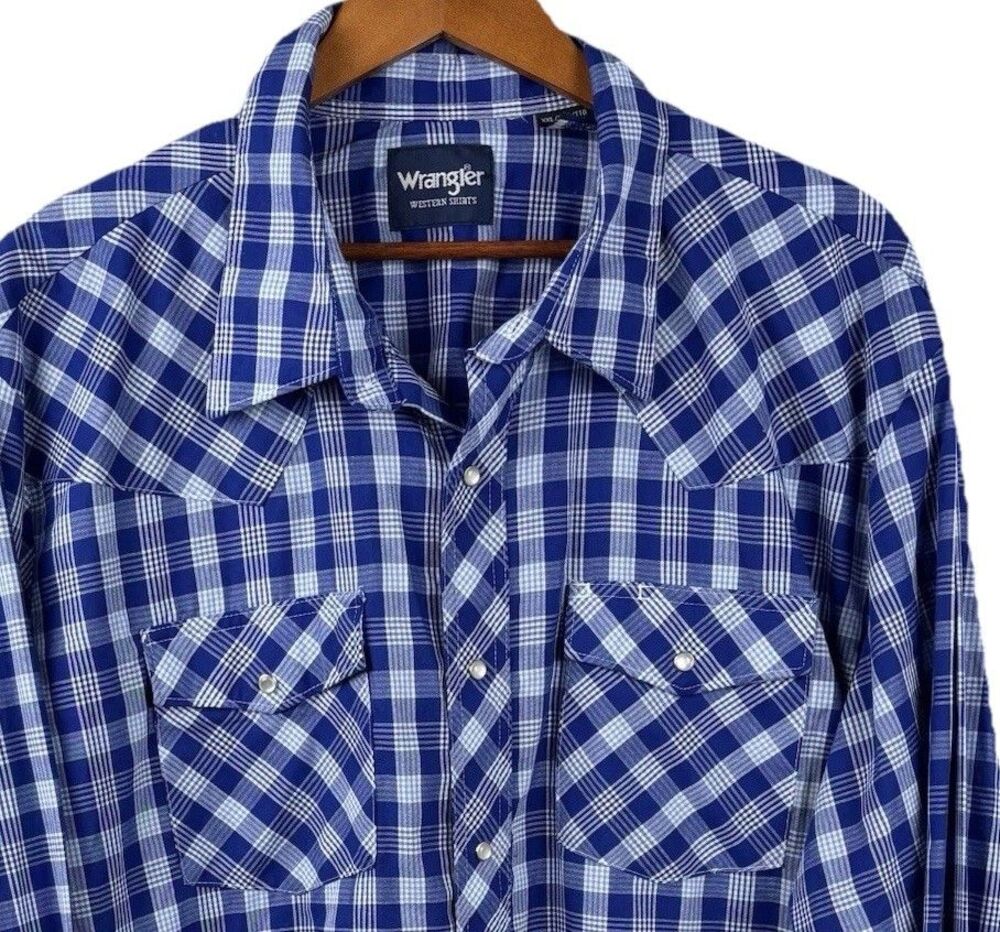 Wrangler western button Long sleeve men’s shirt XXL Blue pearl snap pocket Cuff
